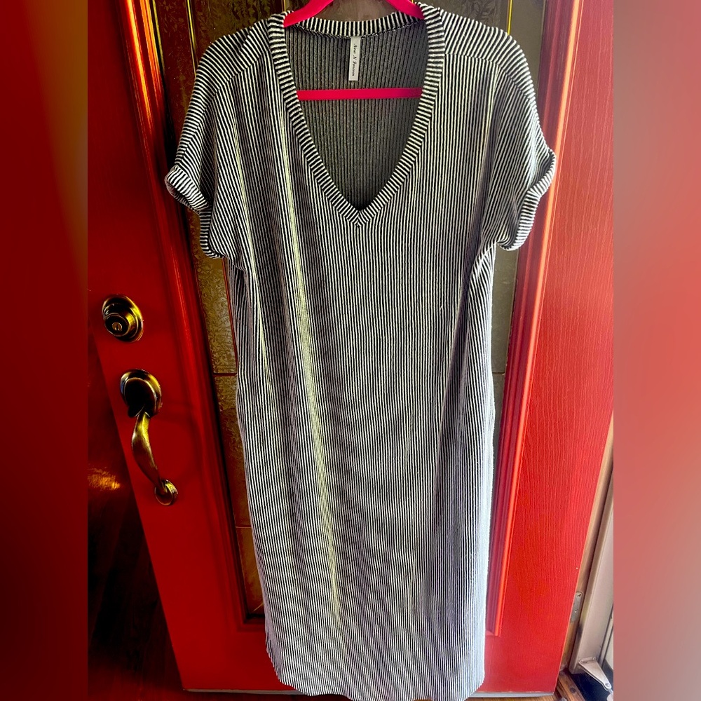 Black and White Striped V-Neck Dress